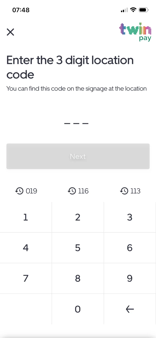 Location code entry screen